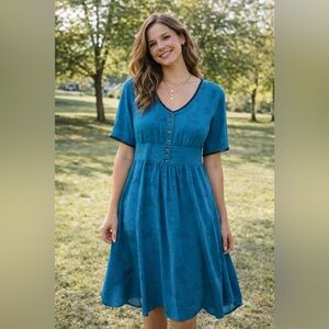 Harkel Blue Dress Celestial Moon Pom Pom Trim Empire Waist 14 soft grunge boho W